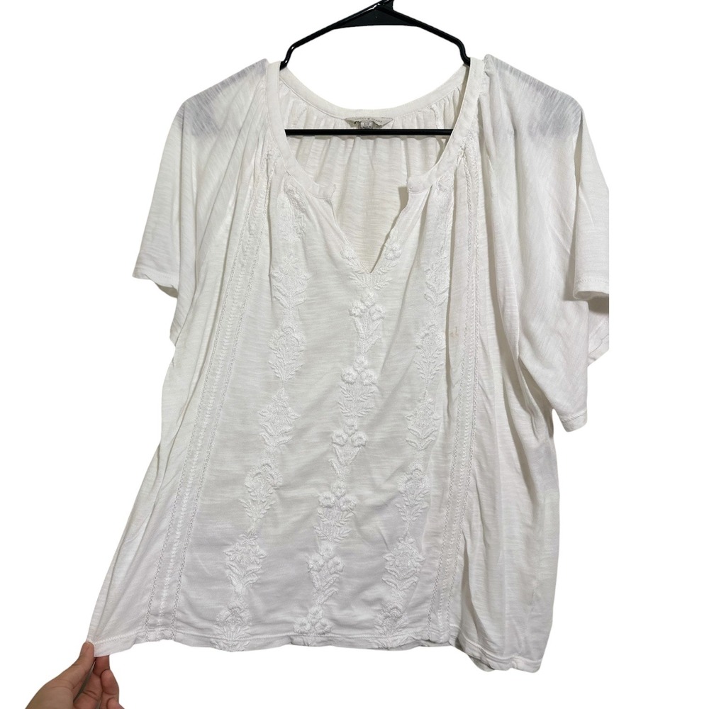 Lucky Brand White Embroidered Boho Split Neck Flutter Sleeve Loose Fit Top Small - Picture 3 of 6